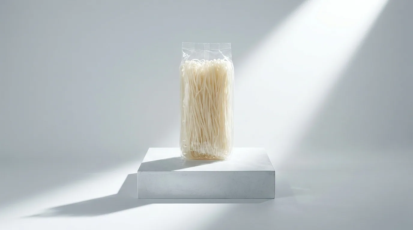 Single Three Ladies rice noodle package photographed on a clean white pedestal — the brand most US Vietnamese restaurants buy in 25-lb cases, sold retail in 14-oz bags