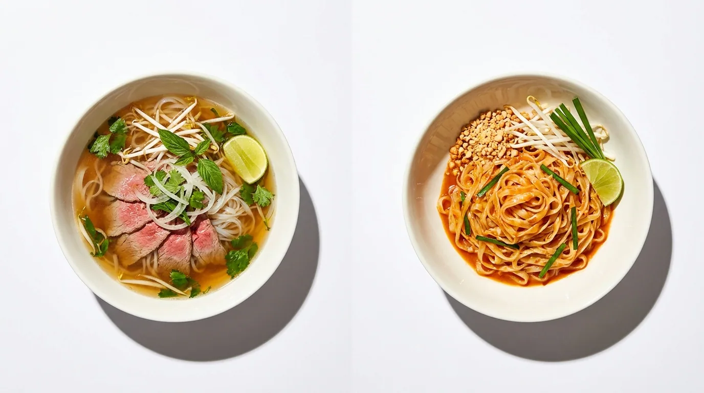 Two finished rice noodle dishes side by side — Vietnamese pho and Thai pad thai. Same starch base, completely different cuisines
