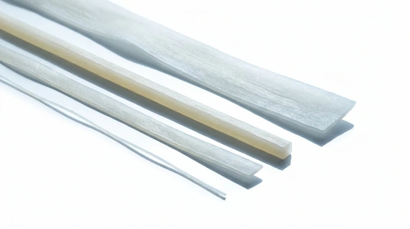 Four distinct rice noodle widths arranged in parallel lines on a white background — from 1mm vermicelli through 10mm sen yai. Width is the single biggest variable in picking the right product