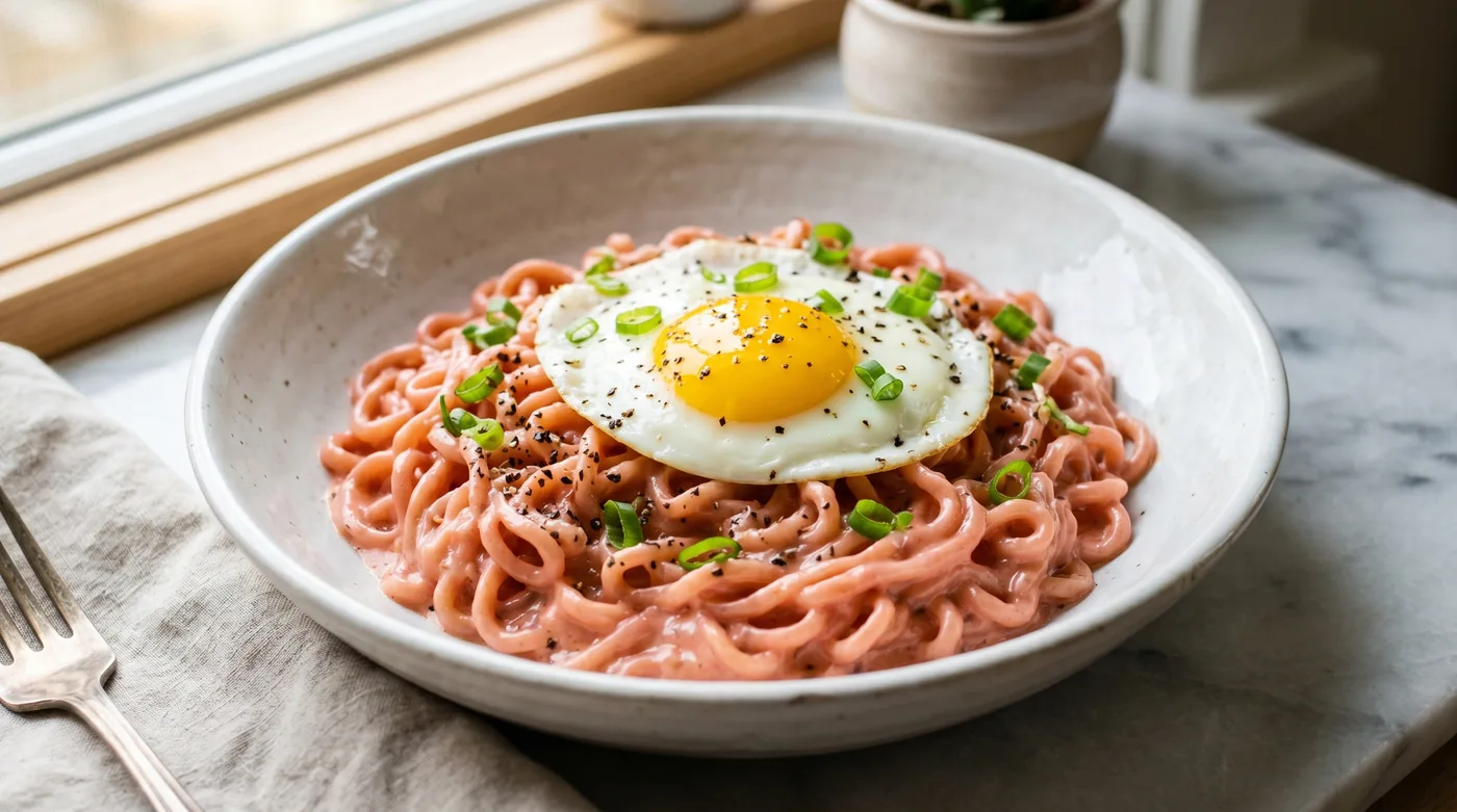 Buldak Carbonara prepared at home — the creamy pink-rosé emulsion that converted casual TikTok viewers into repeat buyers