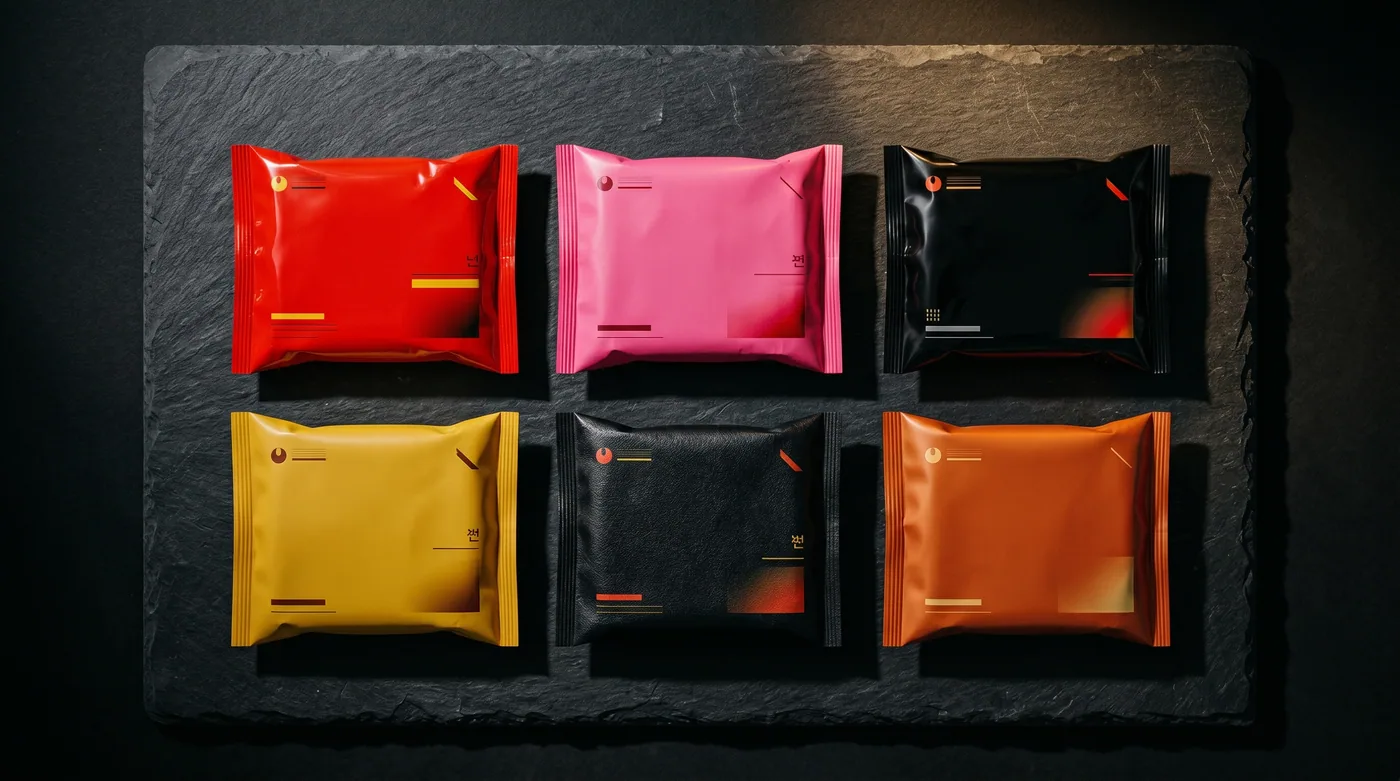 The Buldak flavor lineup — six of the major variants laid out by packet color, the visual code Samyang uses to differentiate the line
