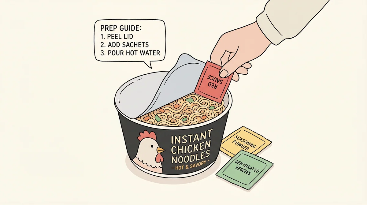 Step 1 — open the lid halfway and remove the sauce sachet