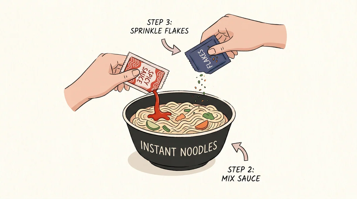 Step 2 — empty the sauce and flake sachets into the cup