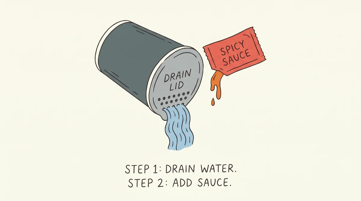 Step 4 — drain through the built-in lid strainer holes, then squeeze in the reserved sauce