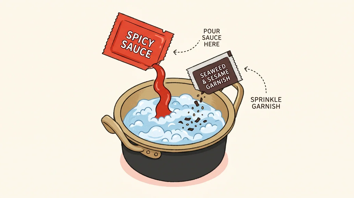 Step 2 — add the sauce and flake packets to the boiling water