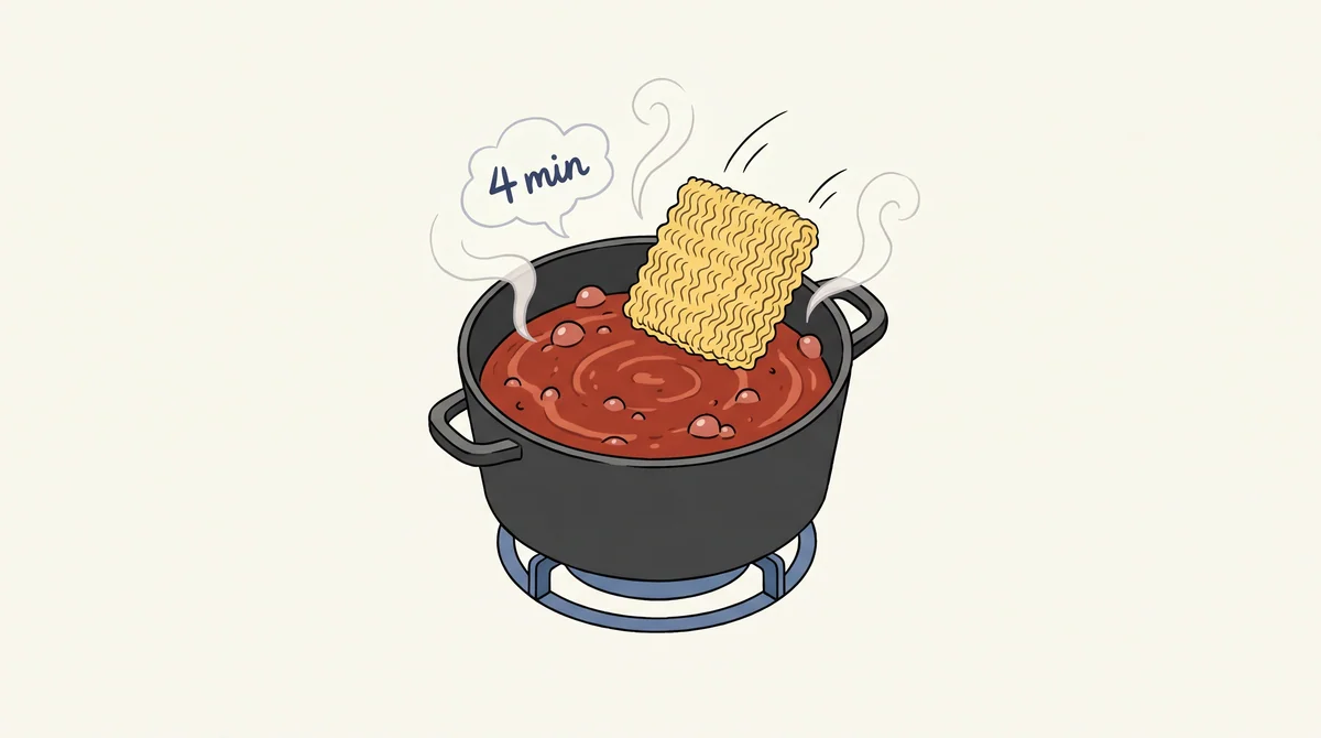 Step 3 — add the noodle brick, boil 4 minutes