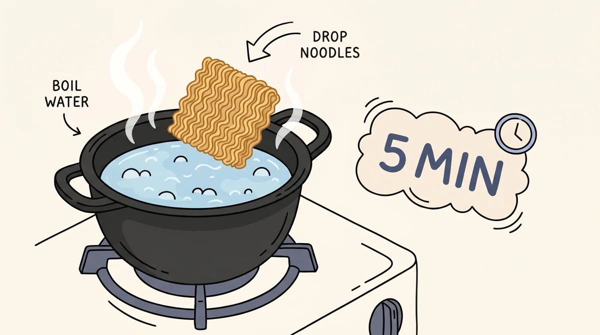 Step 2 — add the noodle brick, boil 5 minutes