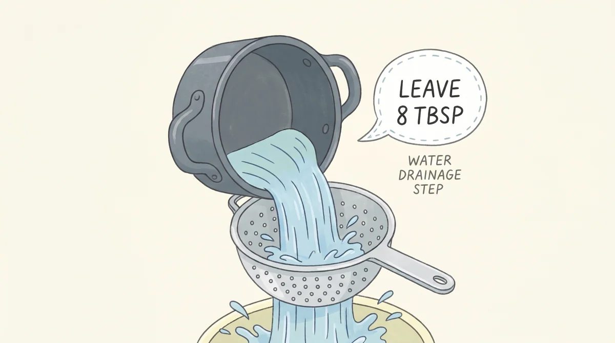Step 3 — drain through a colander, leaving 8 tablespoons of water