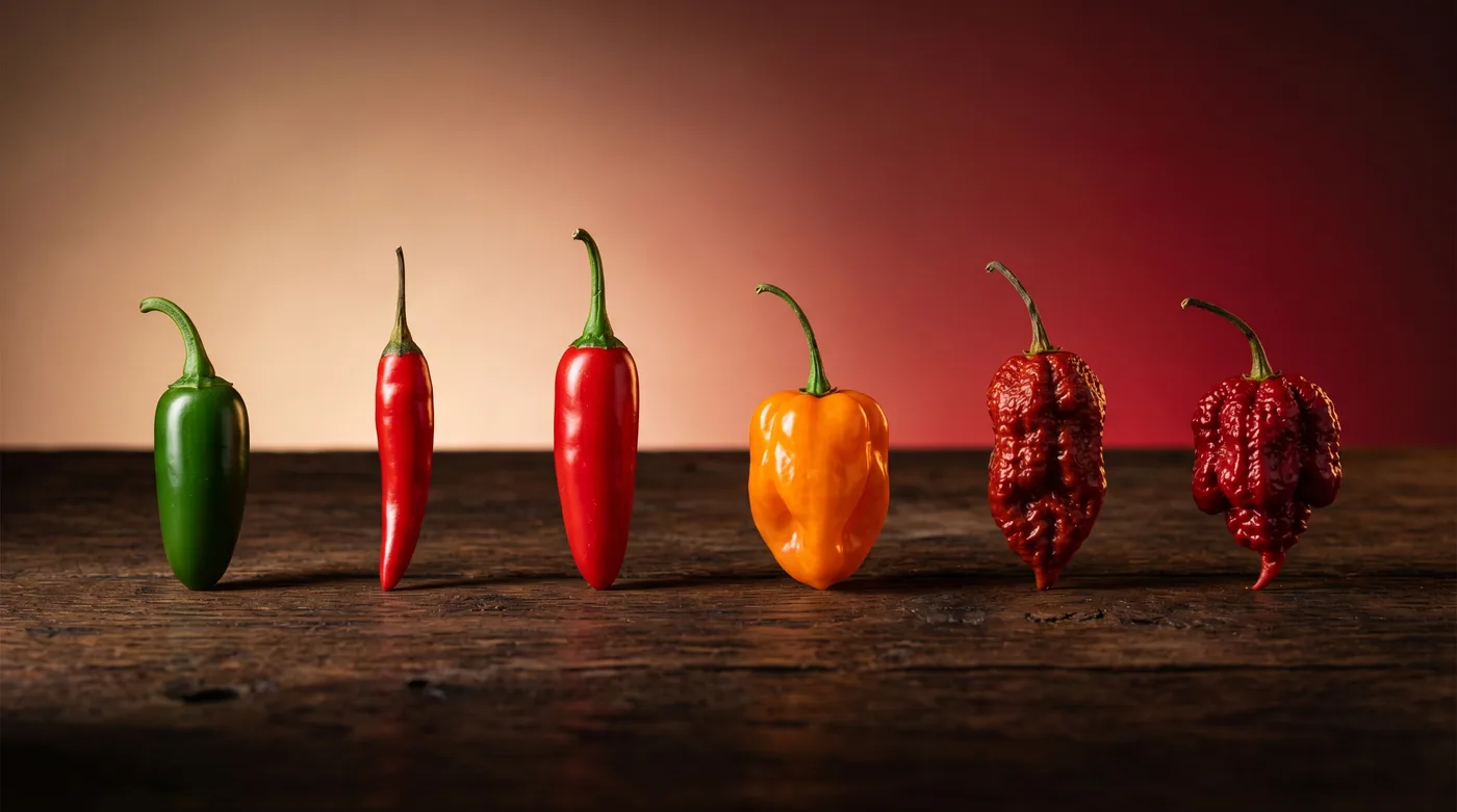 Scoville scale reference — jalapeño on the left through Carolina Reaper on the right. Buldak Original sits between the jalapeño and serrano on this scale