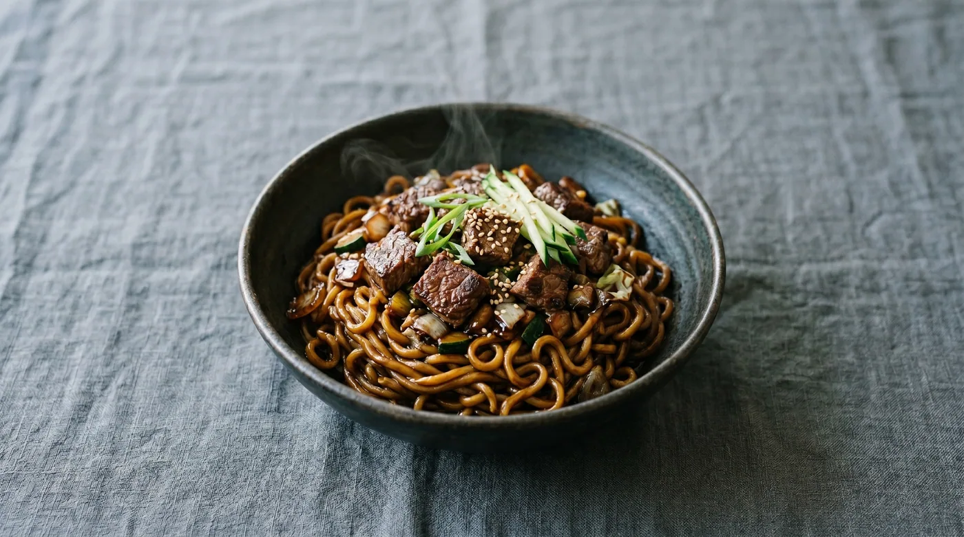 Chapaguri — the Chapagetti + Neoguri combo from Parasite, topped with cubed Hanwoo beef sirloin. The recipe predated the film by decades; the Oscar wins introduced it to global audiences in 2020
