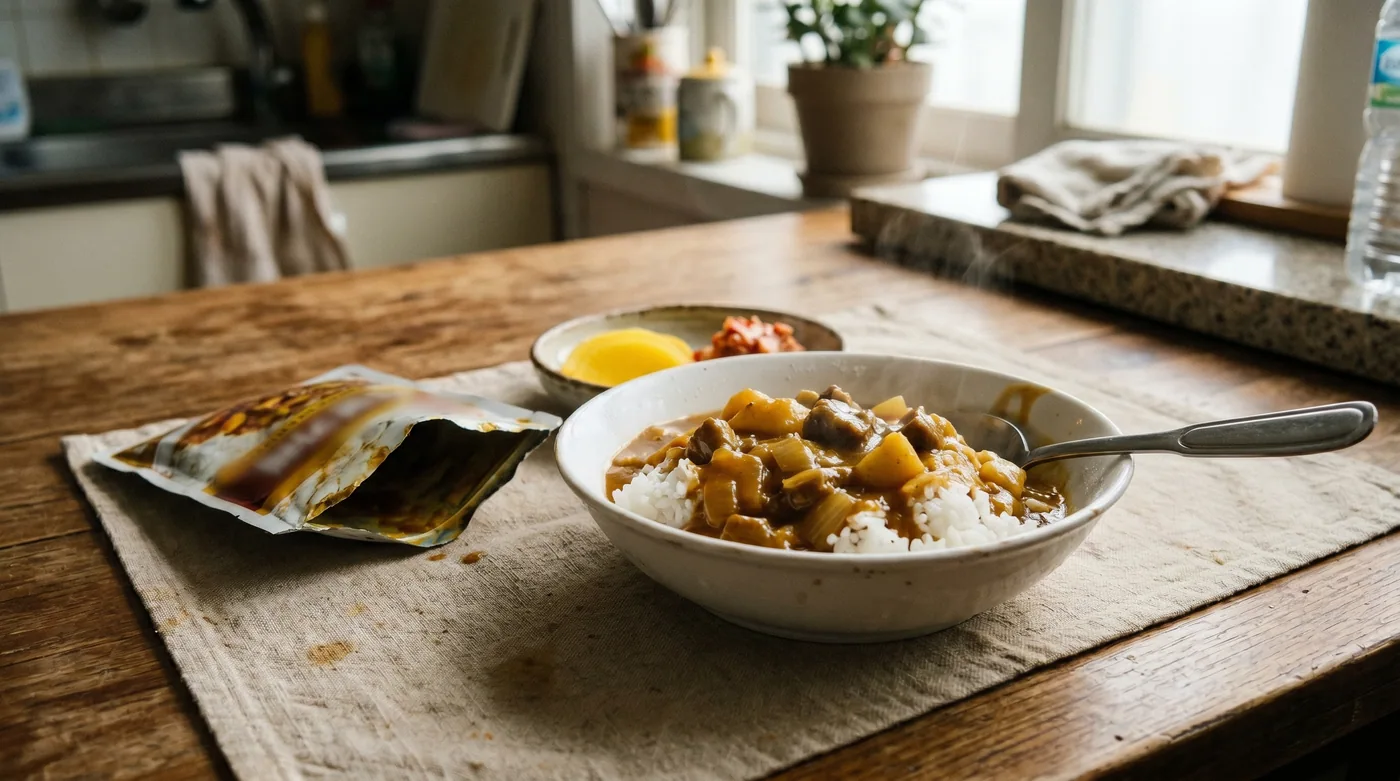 Ottogi 3-Minute Curry poured over hot rice — the 1981 product format that predated the global ready-meal trend by more than a decade. Most Korean households keep several pouches in the pantry at all times