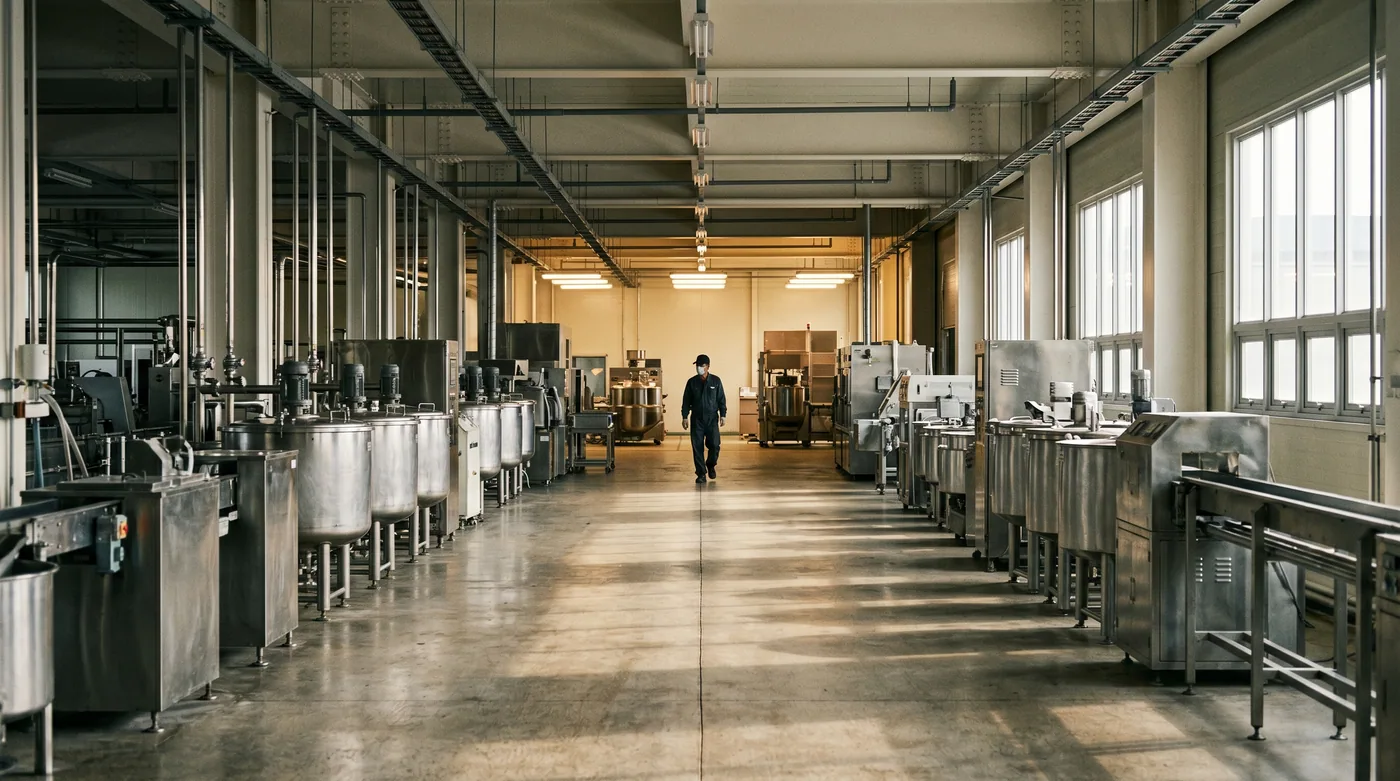 Inside an Ottogi production facility — clean and organized, with a single worker silhouetted against soft window light. The company's ~95% permanent-employee rate is the practical translation of Ham Tae-ho's founding philosophy