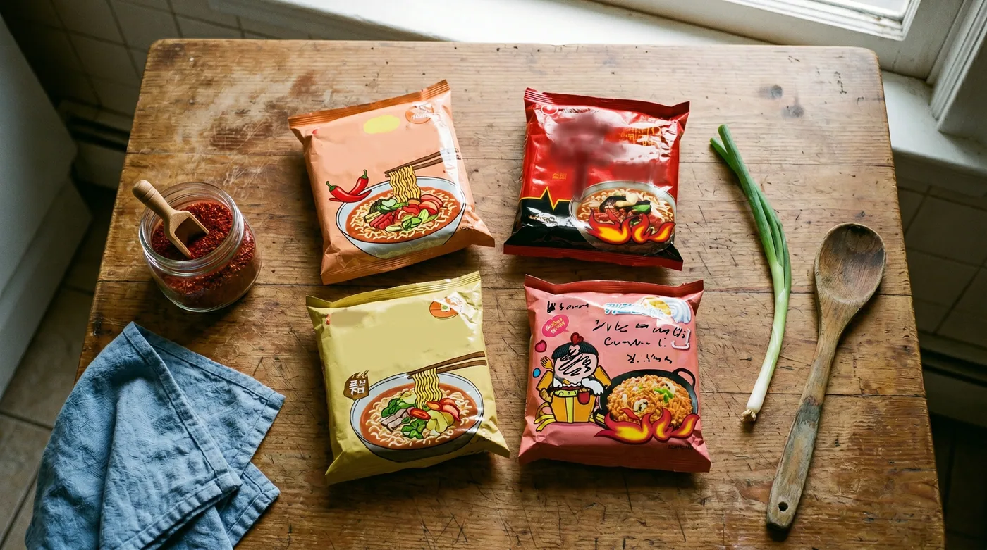 A selection of the Ottogi noodle lineup on a worn wooden kitchen table — Jin Ramen Mild, Jin Ramen Hot, Yeolla Yeolla Spicy, and Jjajang. The candid arrangement matches Ottogi's positioning: real Korean home food, not styled product photography