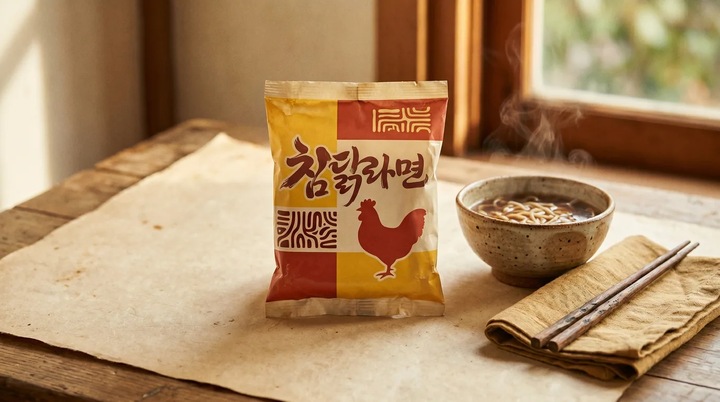 Samyang Ramen Original — the 1963 product still in production, with its retro yellow-and-red packet design and chicken-broth profile that defined the Korean instant ramen category for its first 25 years