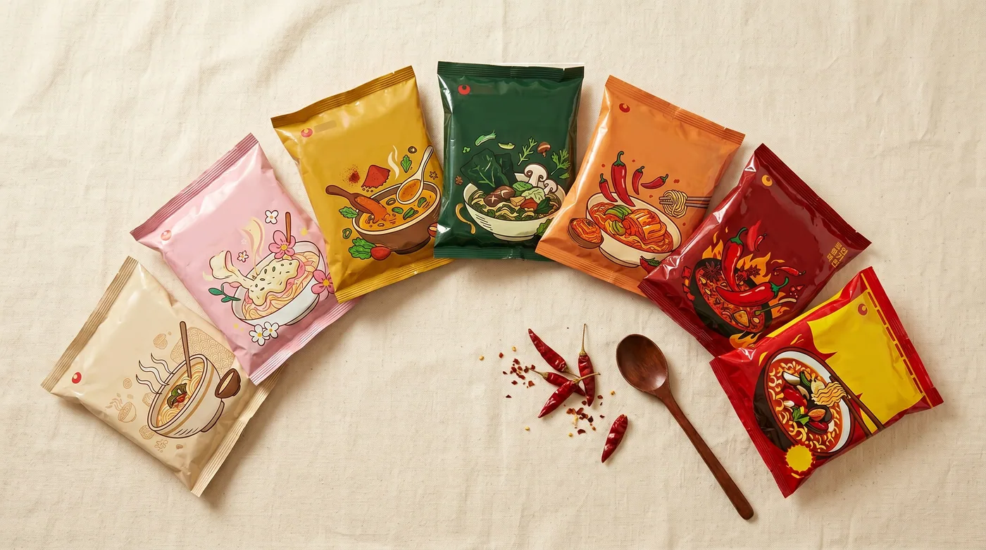 The active Samyang product family — Original Chicken, Bulgogi, Curry, Naengmyeon, Buldak Original, Buldak 2x Spicy, and the Crispy snack format. Most US shoppers have only encountered the Buldak end of this lineup