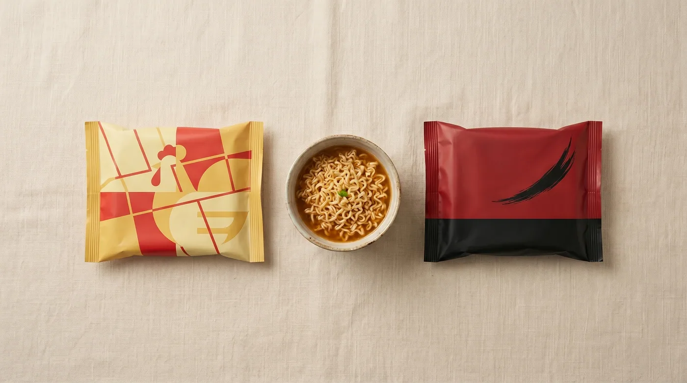 Samyang Ramen Original (left) and Shin Ramyun (right) — the two anchor products of Korea's two largest instant-noodle brands. The bowl between them holds the same noodle category but a very different cultural memory