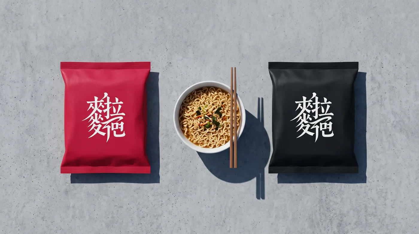 Shin Ramyun Original (left) and Shin Black (right) — the 2011 premium variant adds beef-bone broth concentrate and more vegetables but doesn't change the heat tier. Same noodle, richer profile, 1.5x the price