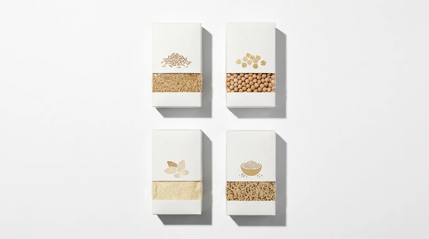 Four gluten-free pasta product packages on a clean white background — brown rice, chickpea, almond, and quinoa base ingredients clearly visible. None are true egg noodles; all are wheat-free alternatives that approximate the texture