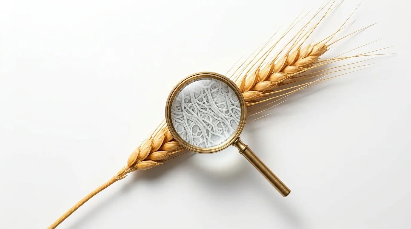 A wheat stalk with a magnifier revealing the gluten protein structure — the entire reason traditional egg noodles are off-limits for celiac eaters