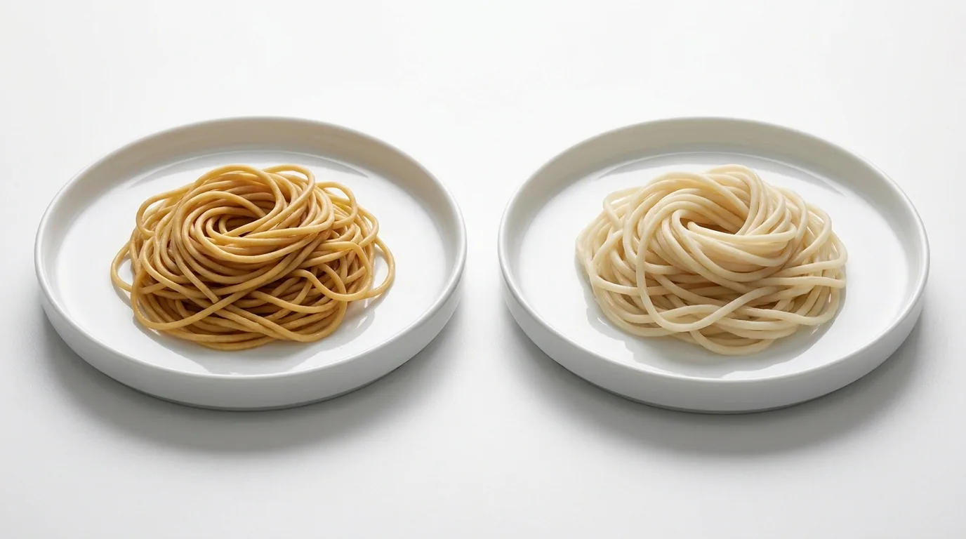 Traditional wheat egg noodles on the left, a rice-flour-based gluten-free alternative on the right. Same shape, similar color, different ingredient base entirely