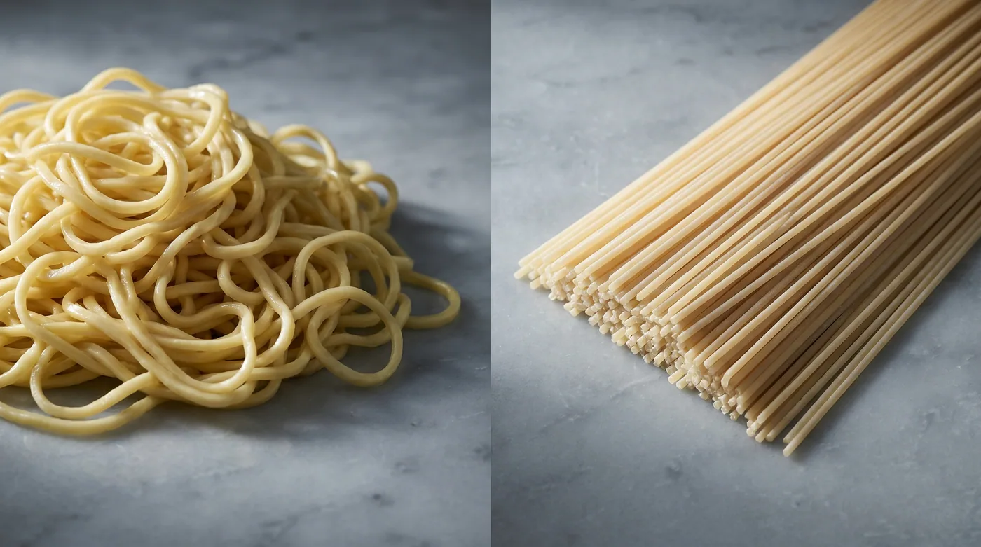 Cooked egg noodles on the left, cooked spaghetti on the right — same lighting, same scale, the texture difference is fully visible in surface sheen and curl behavior