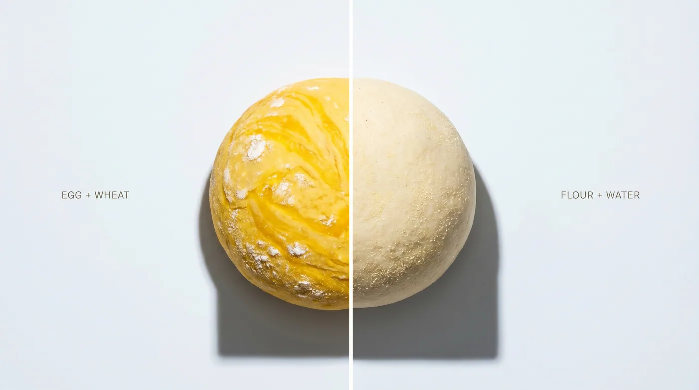 Two raw doughs side by side on a white background — the yellow egg-noodle dough on the left with visible yolk swirls, the pale ivory pasta dough on the right with semolina only. The egg is the entire technical difference