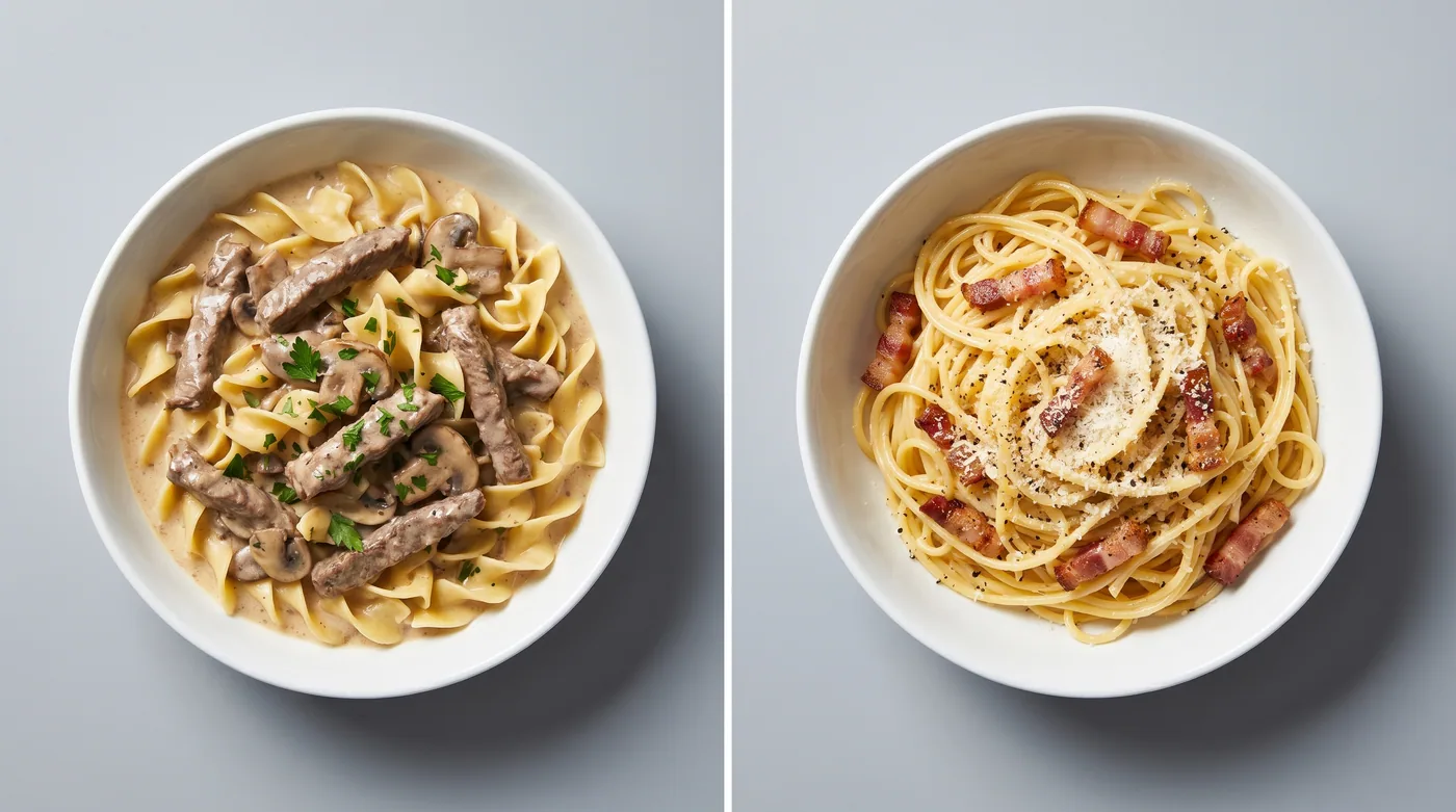 Beef stroganoff over wide egg noodles on the left, spaghetti carbonara on the right — two iconic dishes built around two noodle traditions. The carbonara uses egg in the sauce; the stroganoff uses egg in the noodle