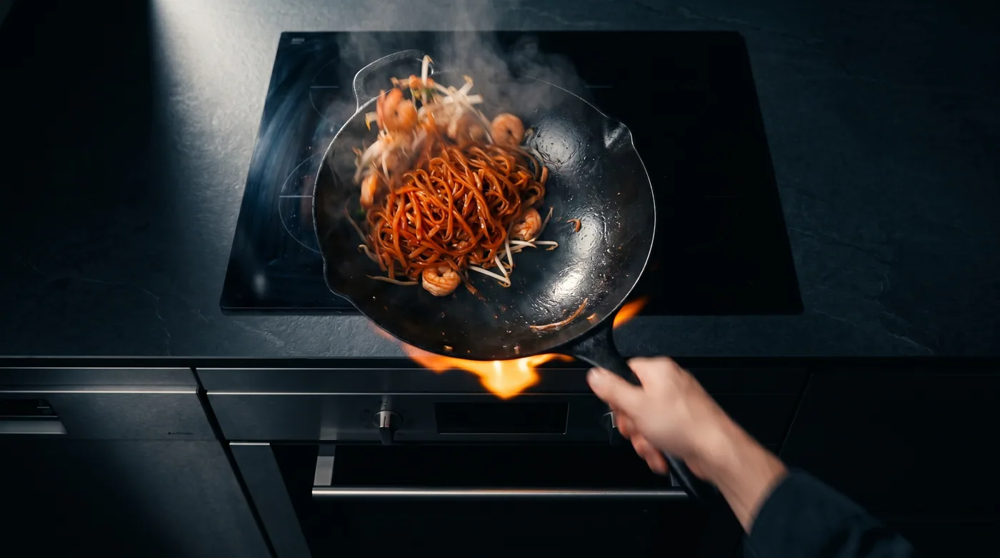Wok mid-toss — glossy rice noodles being lifted with active flame from below. For stir-fry, the noodle is pre-softened by cold soak, then briefly heat-shocked in the wok