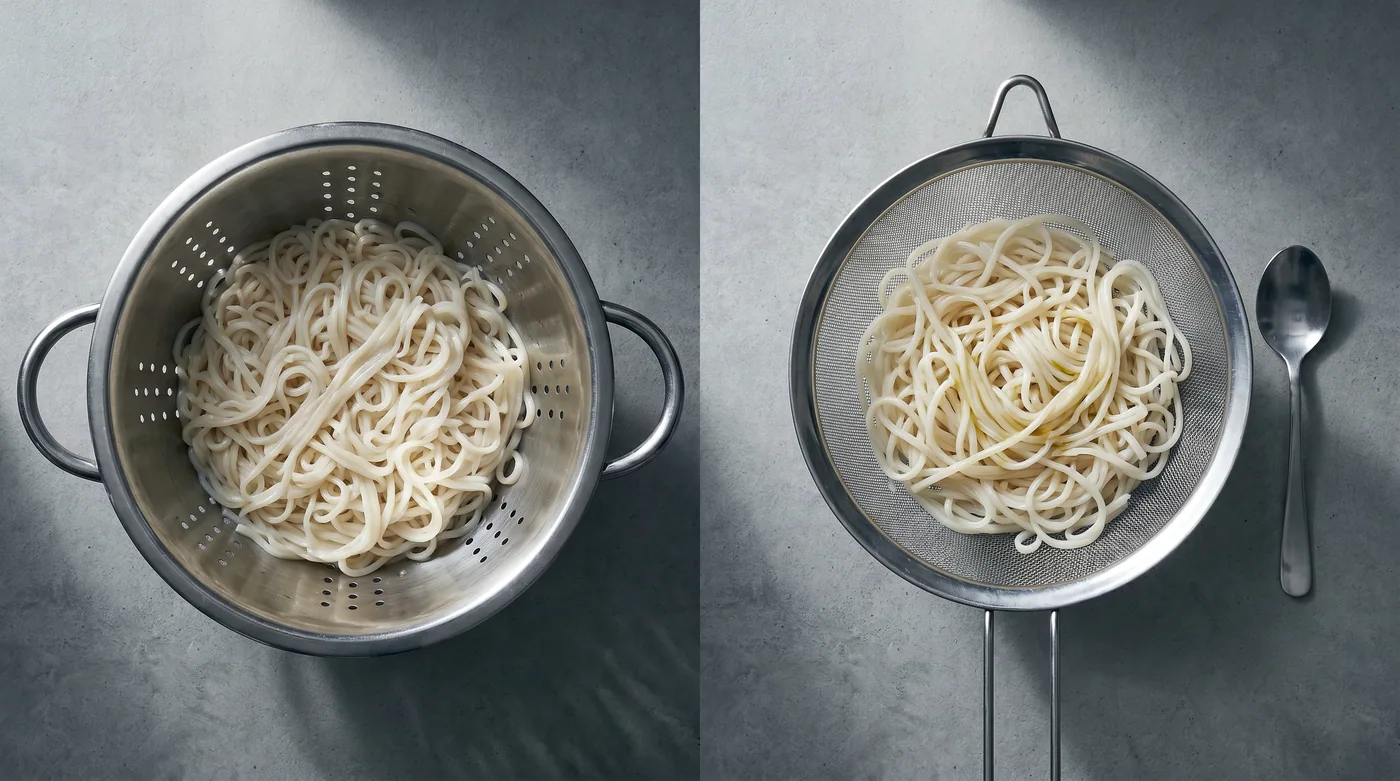 Two strainers side by side — clumped overcooked noodles on the left, the same noodles rinsed cold and tossed with neutral oil on the right. The rescue takes 30 seconds; the difference is total