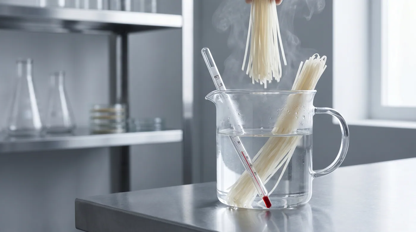 Glass measuring cup with a thermometer in steaming water and dried rice noodles dropping in — water temperature is the single biggest variable home cooks get wrong