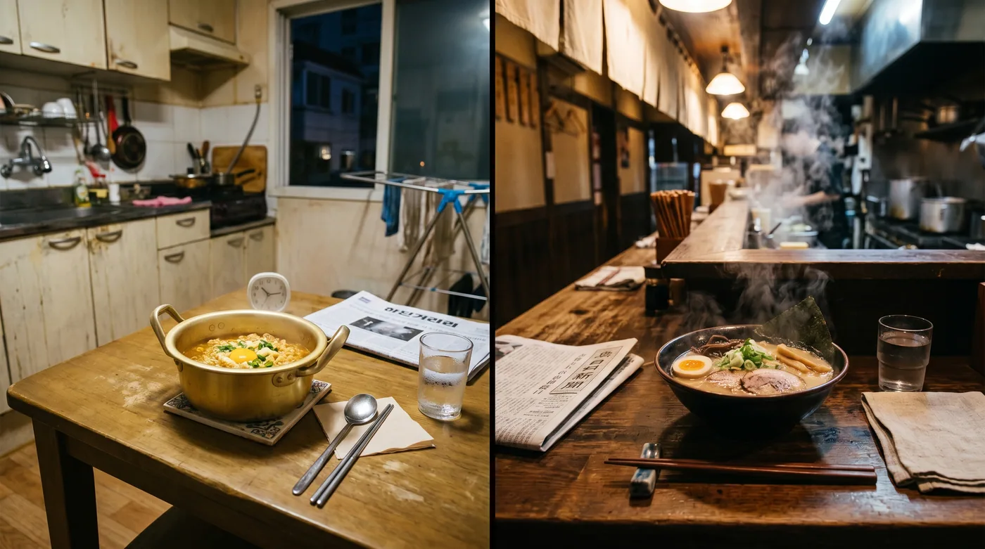 Two eating contexts side by side — a Korean home kitchen with a yellow aluminum pot of ramyeon under window light, and a Japanese ramen counter with a single spotlit bowl. Both empty of people but full of cultural specificity. The format difference explains everything else