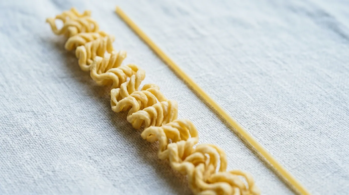 Korean ramyeon strand on the left, Japanese ramen strand on the right — same wheat-and-alkaline-salt base, completely different surface texture. The Korean noodle's pre-fried curly shape stays visible even after cooking; the Japanese noodle's smoother straighter cut holds its bite better at the bowl