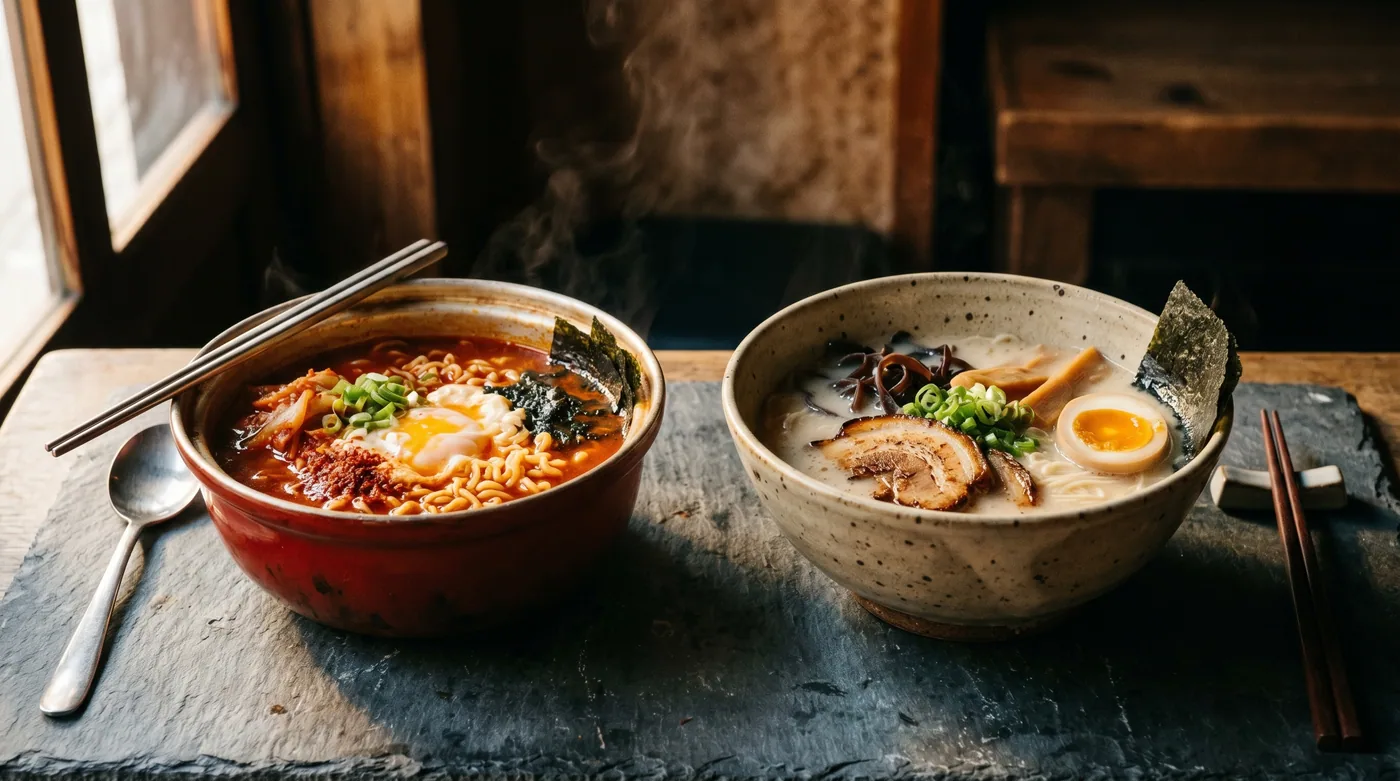 Two bowls in cinematic documentary framing — the deep red gochugaru-and-beef Korean ramyeon on the left, the cream tonkotsu Japanese ramen on the right. Same noodle category, two completely different broth traditions
