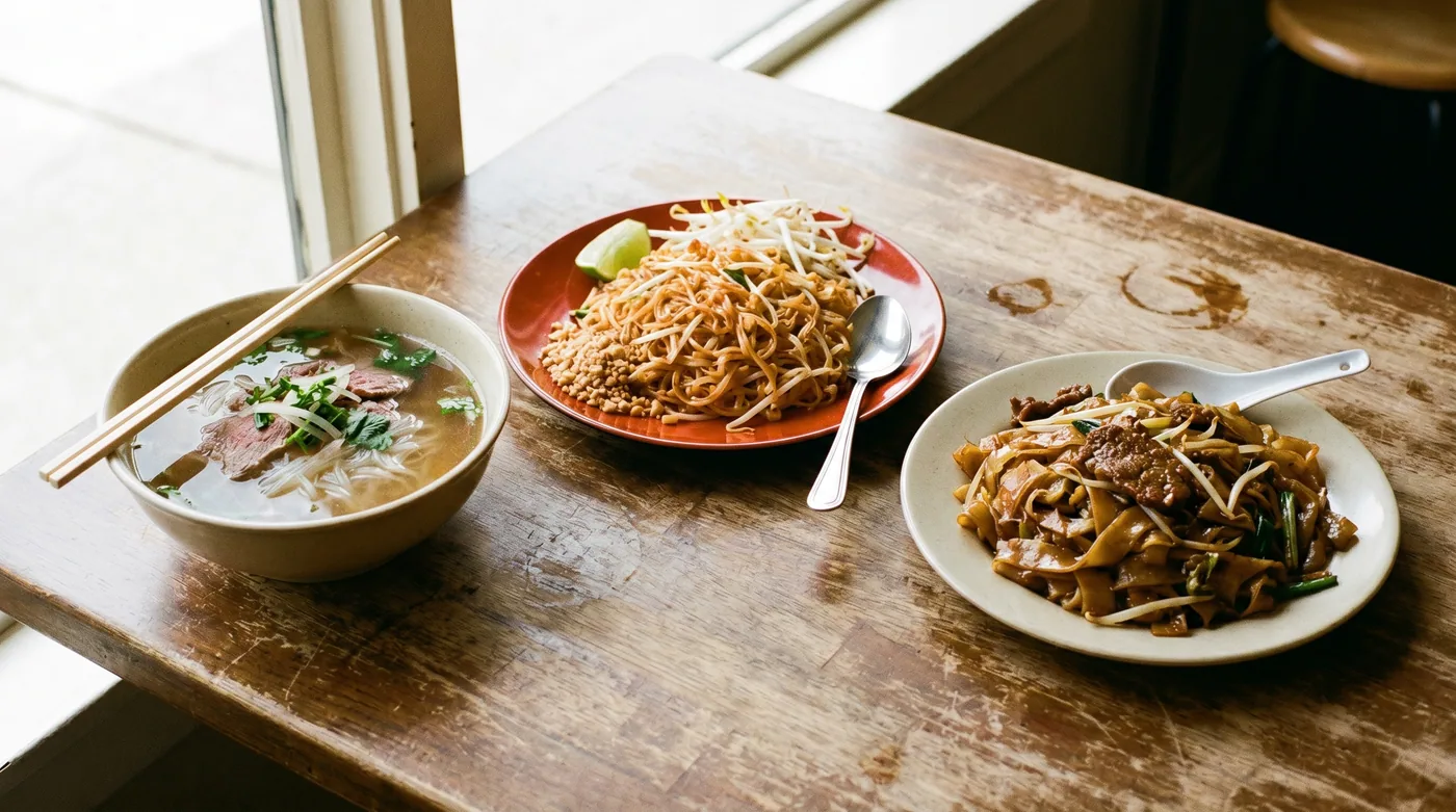 Three rice noodle dishes on one table — Vietnamese pho, Thai pad thai, Chinese chow fun. Same starch base, three different culinary traditions