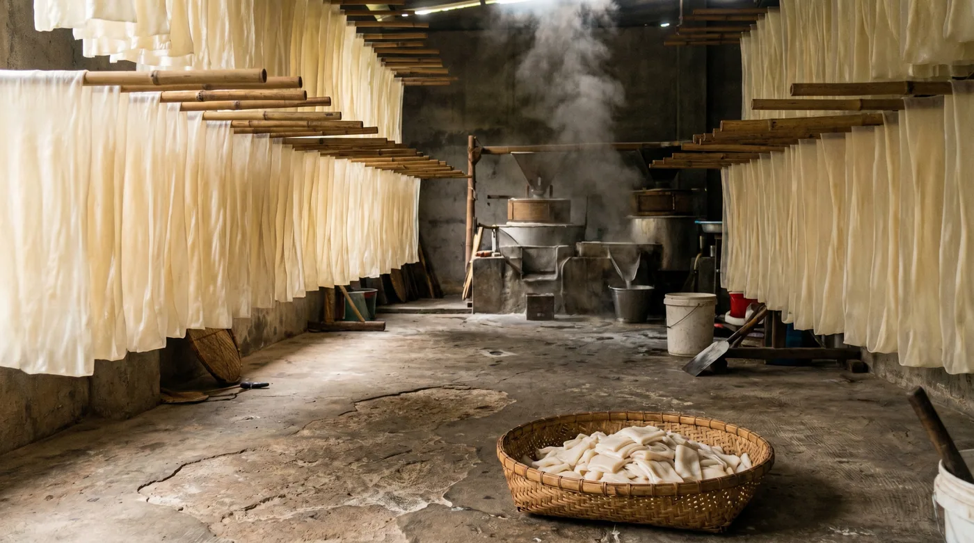 Fresh rice noodles drying on bamboo poles in a traditional small-batch factory. The dry version most US shoppers buy starts here, then loses moisture to become shelf-stable