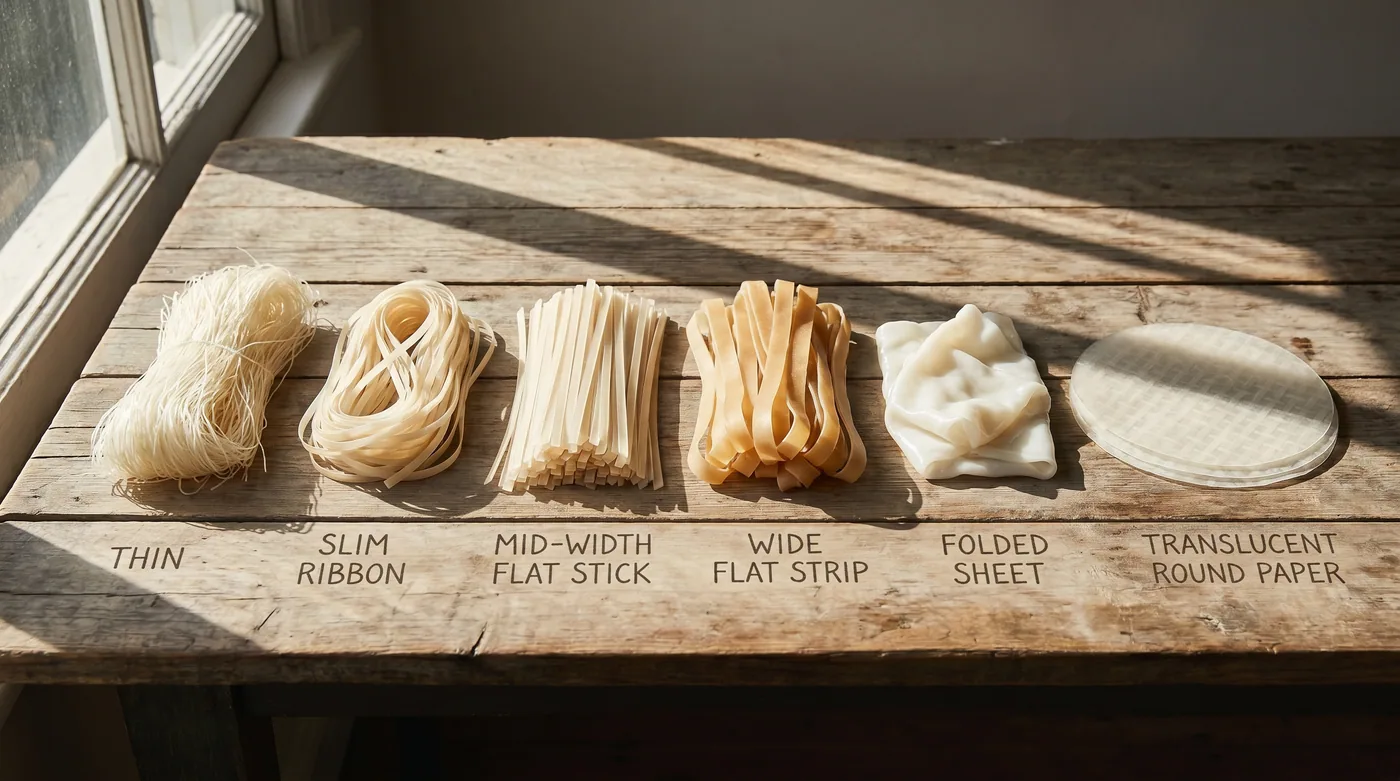 Six dried rice noodle shapes side by side — from vermicelli at one end to wide sen yai at the other. Width changes which cuisine and dish the noodle belongs to