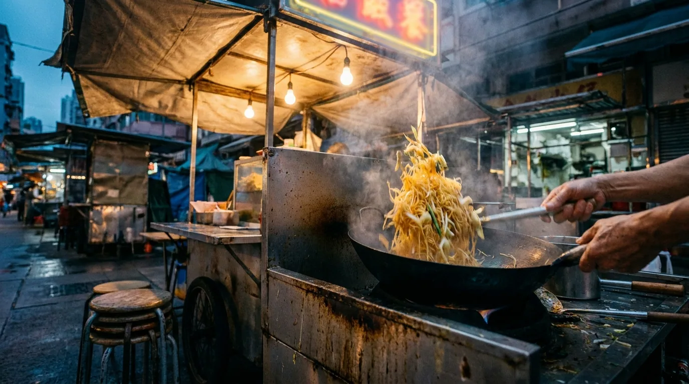 A Hong Kong dai pai dong street stall at dusk — steam rising from a wok of Singapore Rice Noodles. The dish was invented at a stall like this in the 1950s, then exported to Singapore where it has never been native