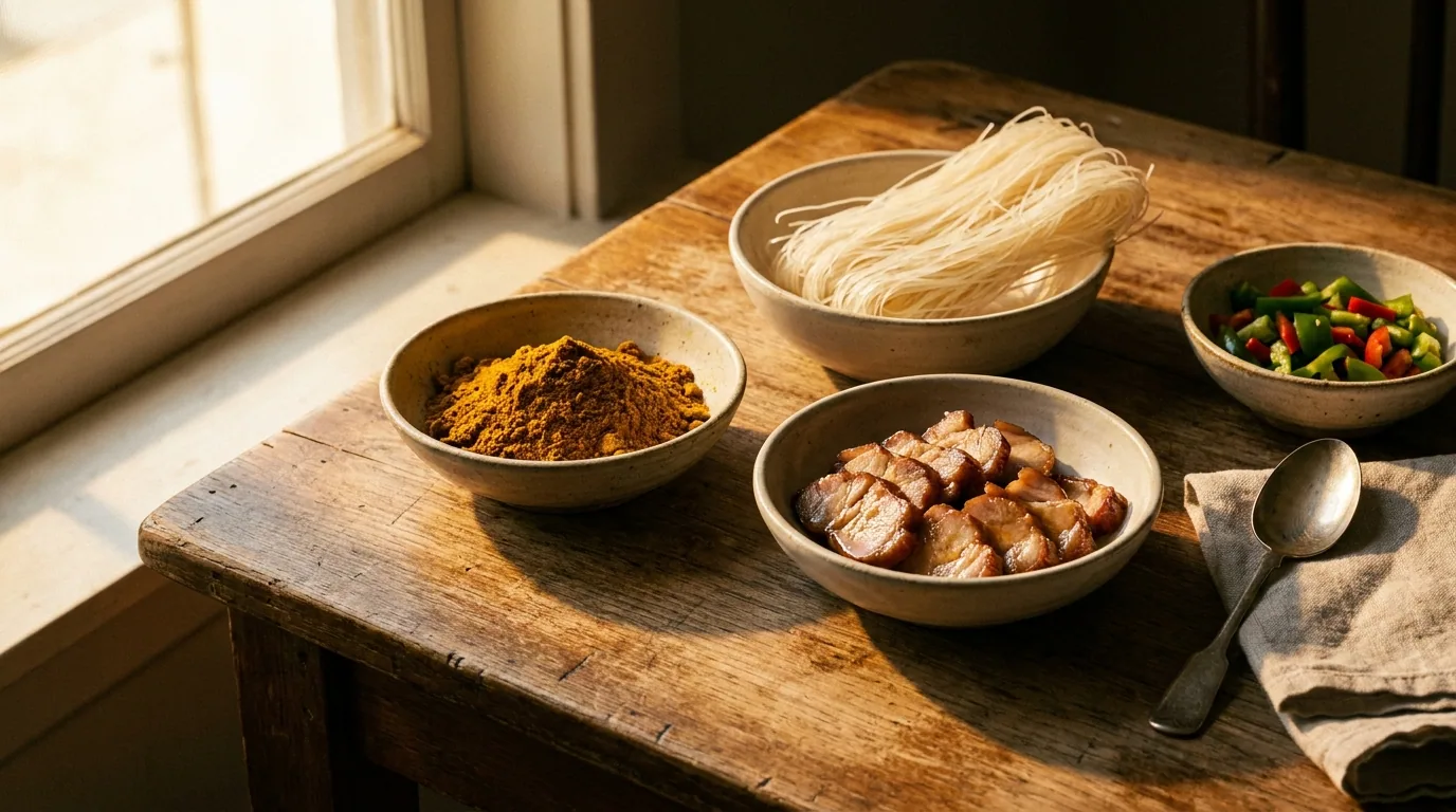 The four key ingredients in small ceramic bowls — golden curry powder, dry rice vermicelli, sliced char siu, and bright peppers. Four components total; the rest is technique
