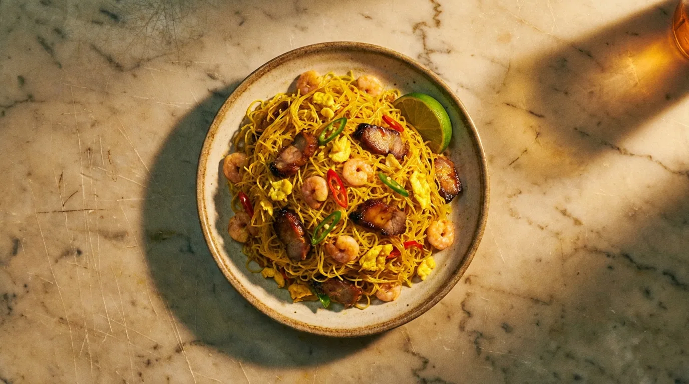 Overhead shot of Singapore Rice Noodles on a cafe table — vivid yellow rice vermicelli tossed with char siu, shrimp, scrambled egg, and bright peppers. The yellow comes from curry powder, not from saffron or eggs